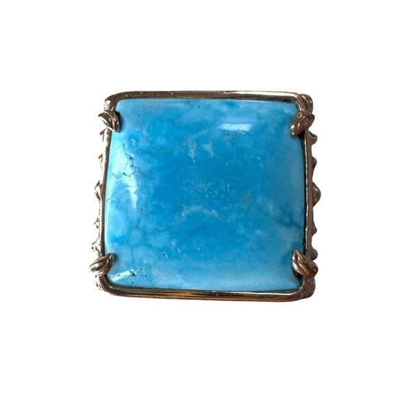 Large Turquoise Blue Square Stone Ring Size 8 With Ornate Gold-Toned Band Vintag - Picture 1 of 12